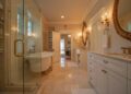 dresser near glass shower stall